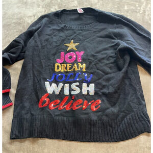 Womens Black Sequin Joy Dream Jolly Wish Believe Christmas Holiday Sweater‎ XL
